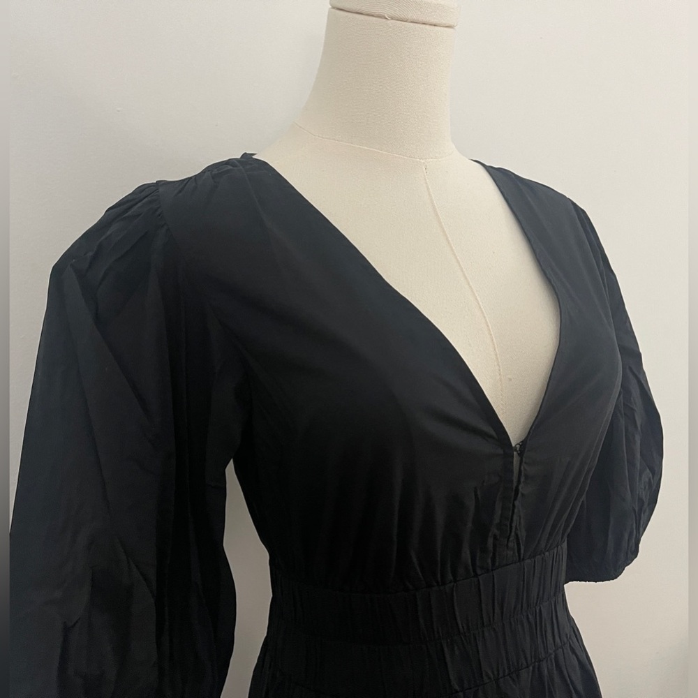Rachel Parcell Puff Sleeve V-neck Poplin Midi Dress | Black Size Small - Picture 6 of 13